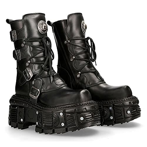 New Rock Black Leather Unisex Combat Platform Biker Goth Shoes Tank373-S1