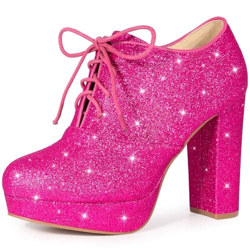 Perphy Glitter Chunky Heel Lace-Up Booties for Women