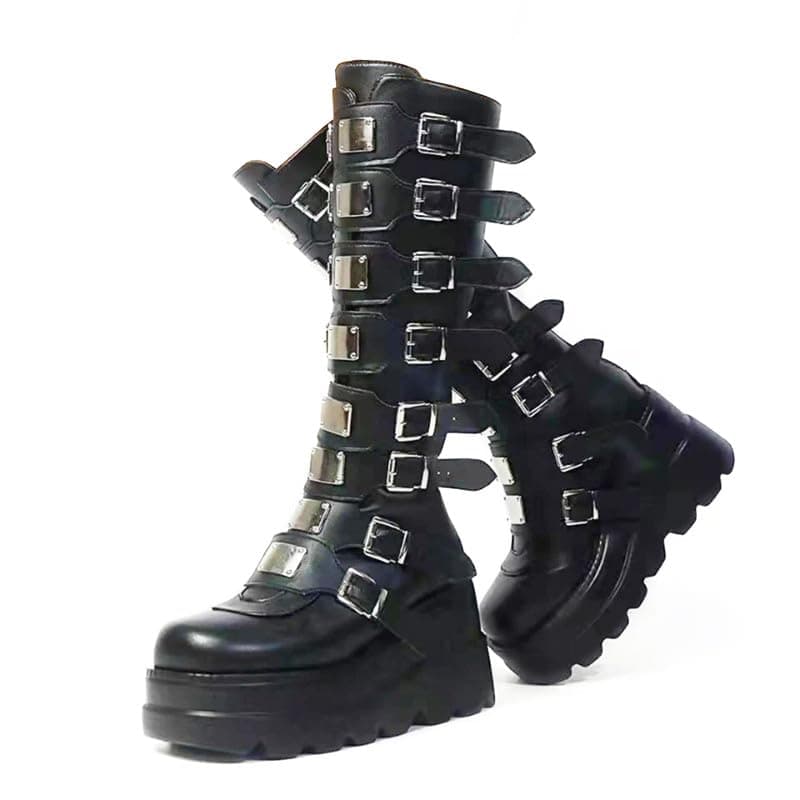 Women's Square Toe Wedge Goth Knee High Boots