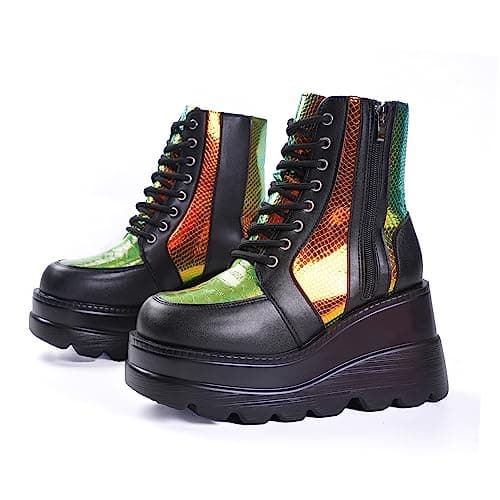 Gothniero Women's Black Holographic Combat Ankle Boots with Chunky Heel and Side Zip (US 5.5-11)
