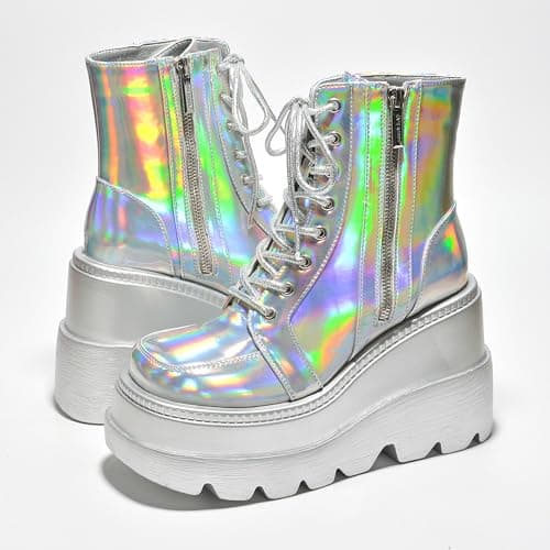 Radio Holographic Ankle Boots with Chunky Block Heels - Women's Size 9
