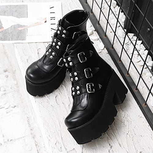 Mikarka Zipper Studded Goth Platform Combat Ankle Boots for Women Mid Chunky Block Heel Motorcyclist Boots
