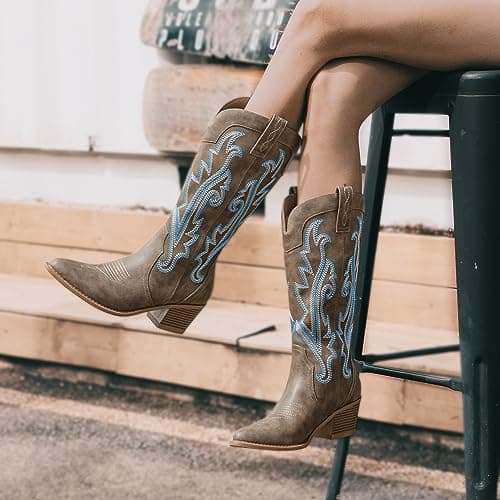 Athlefit Women's Western Embroidered Cowgirl Boots with Chunky Heel