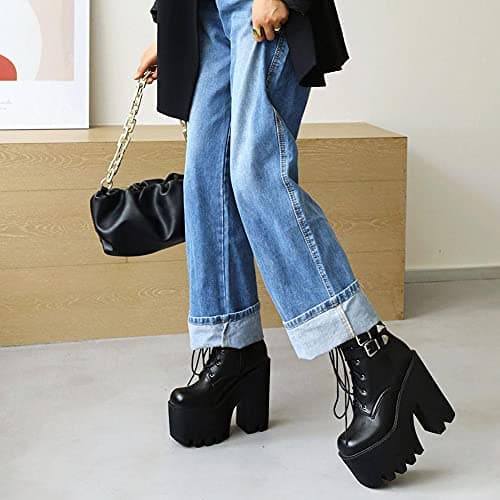 Mikarka Goth Ankle Boots for Women Block High Heel Lace up Studded Platform Combat Boots Motorcycle Booties - Stylish & Comfortable Heels for Night Out and Work