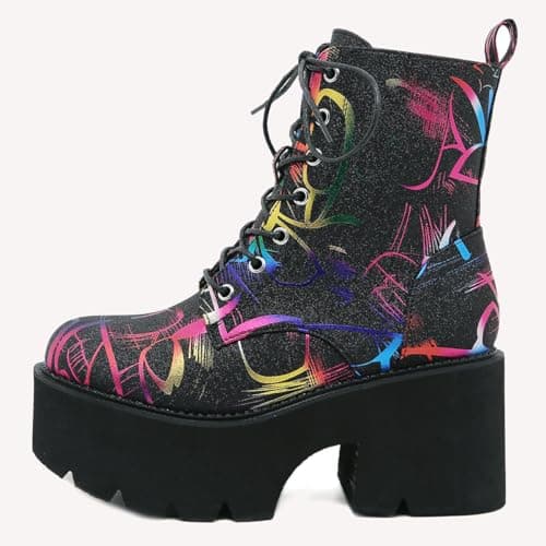 LIXGVHRO Women's Black Sparkly Glitter Gothic Platform Boots Multicolour