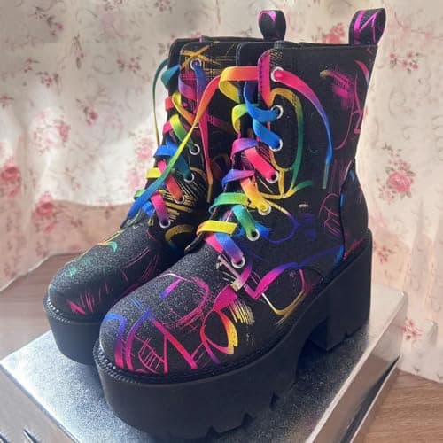 LIXGVHRO Women's Black Sparkly Glitter Gothic Platform Boots Multicolour