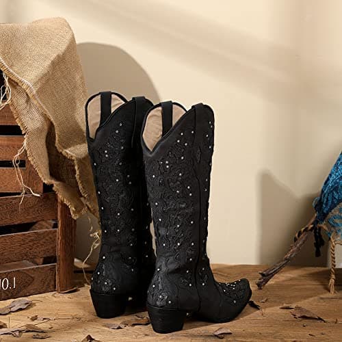 SaraIris Black Cowgirl Knee High Boots for Women