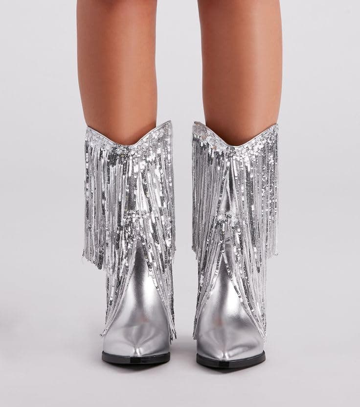 BIUBAKUA Women's Metallic Cowboy Boots with Tassels