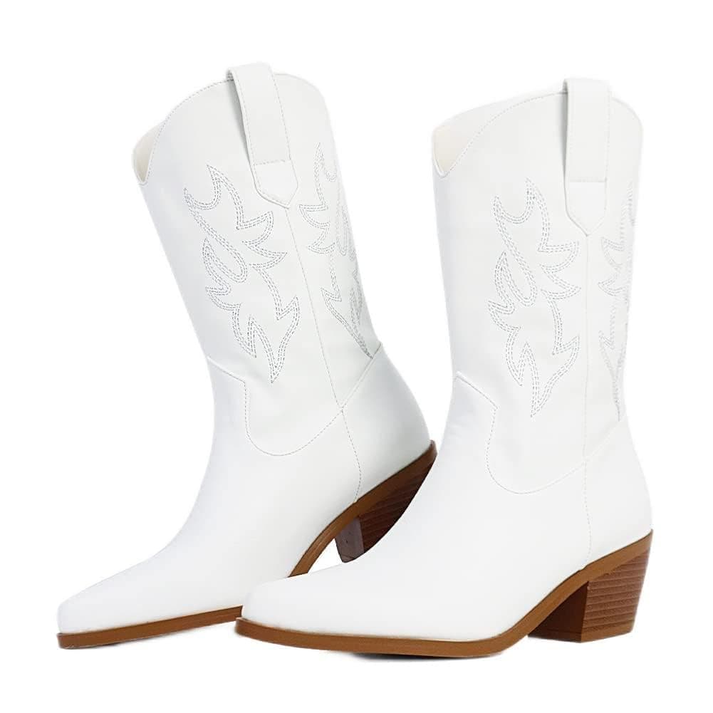 Vimisaoi Women's Retro Embroidered Mid Calf Cowboy Boots