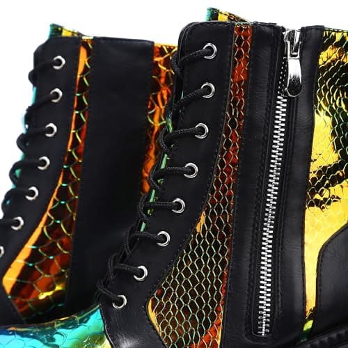 Cape Robbin Radio Holographic Platform Ankle Boots with Chunky Block Heels for Women + Holographic Design + Chunky Block Heels + Comfortable Walking + Women's Ankle Boots + Chunky Heels Ankle Boots + Trendy Holographic Ankle Boots