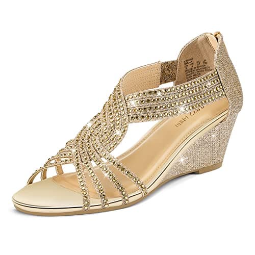 PIZZ ANNU Women's Sparkly Rhinestone Open-Toe Low Wedge Sandals for Bridal Dance Evening