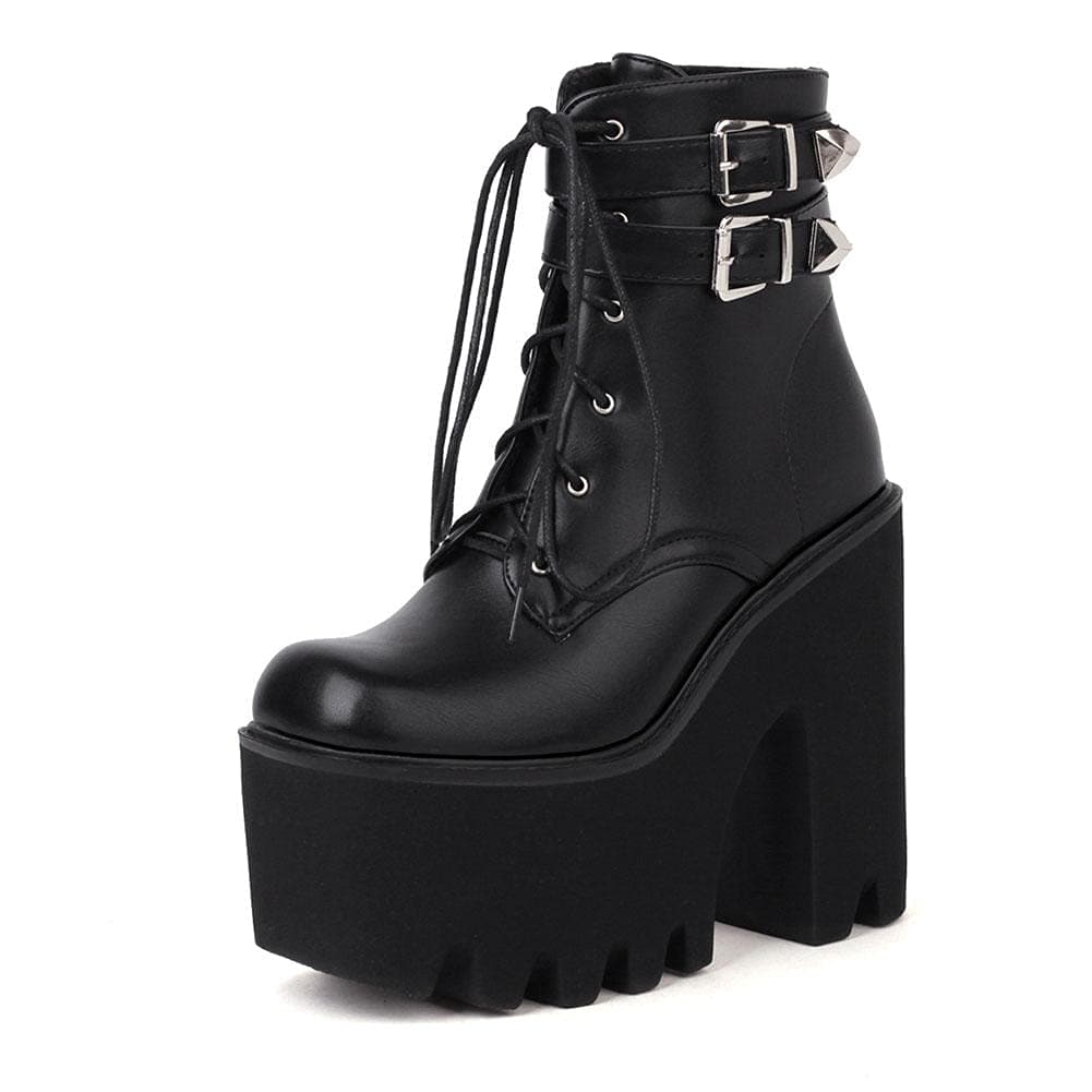 Mikarka Goth Ankle Boots for Women Block High Heel Lace up Studded Platform Combat Boots Motorcycle Booties - Stylish & Comfortable Heels for Night Out and Work
