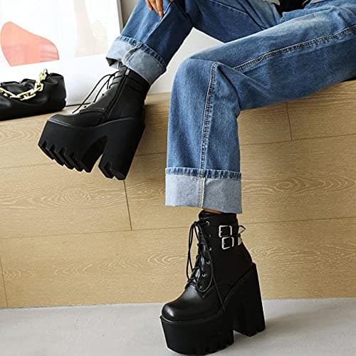 Mikarka Goth Ankle Boots for Women Block High Heel Lace up Studded Platform Combat Boots Motorcycle Booties - Stylish & Comfortable Heels for Night Out and Work