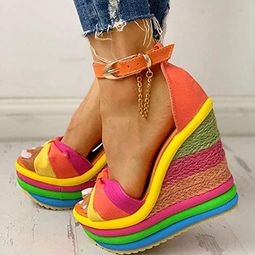 Colorful Ankle Strap Platform Wedge Sandals for Women - Boho Style