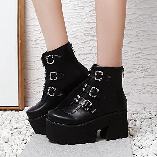 Gothic Zipper Studded Ankle Boots for Women, Chunky Heel Platform Booties