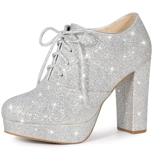 Perphy Glitter Chunky Heel Lace-Up Booties for Women