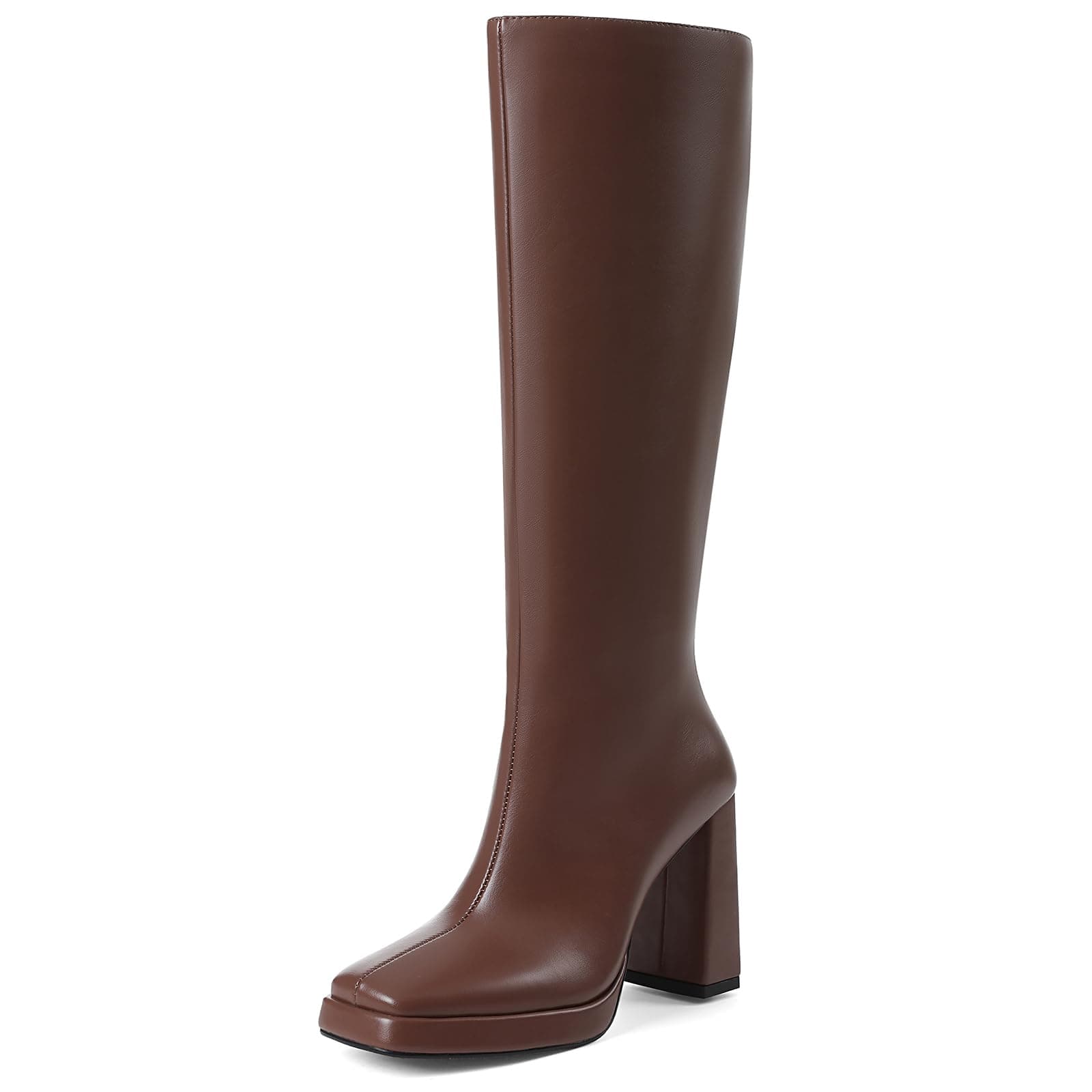 Mikarka Knee High Boots for Women：Block High Heel Vegan Leather Heeled Platform Boots - Side Zip Square Toe Long Fall Boots