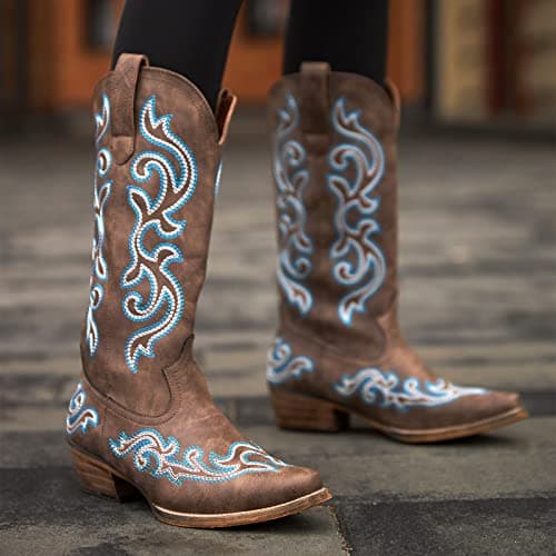 HISEA Chunky Heel Cowgirl Boots for Women Mid-Calf Style