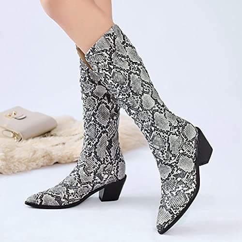 Stylish Women's Snake Print Cowboy Boots with Block Heel