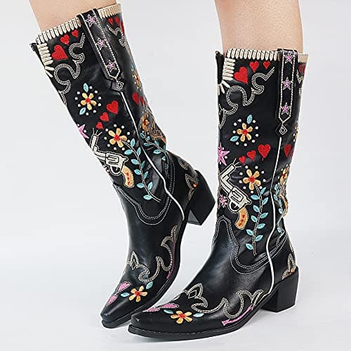Erocalli Women's Western Mid Heel Embroidered Claf Boot