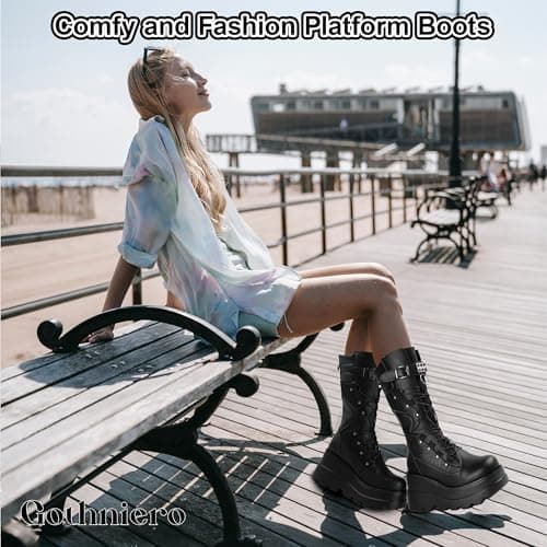 Gothniero Women's Black Knee High Platform Boots Size 5.5-11