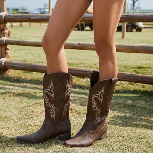 MISSMILLER Women's Embroidered Mid-Calf Cowboy Boot Heels