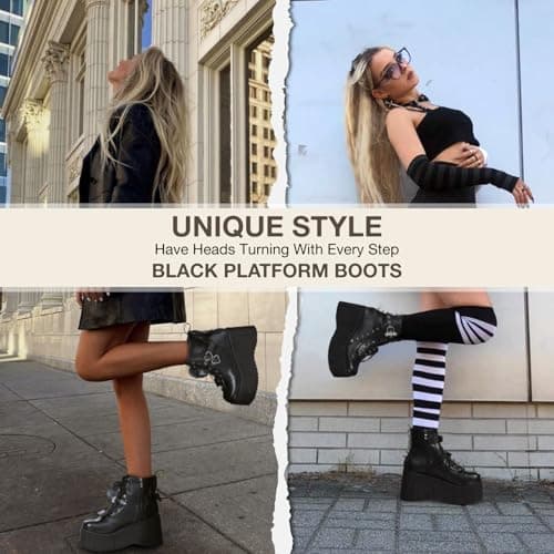 Tscoyuki Chunky Heel Platform Combat Boots for Women Gothic Raves
