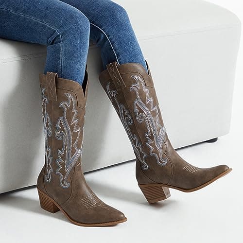 Athlefit Women's Western Embroidered Cowgirl Boots with Chunky Heel