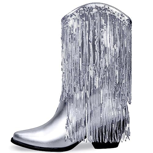 BIUBAKUA Women's Metallic Cowboy Boots with Tassels