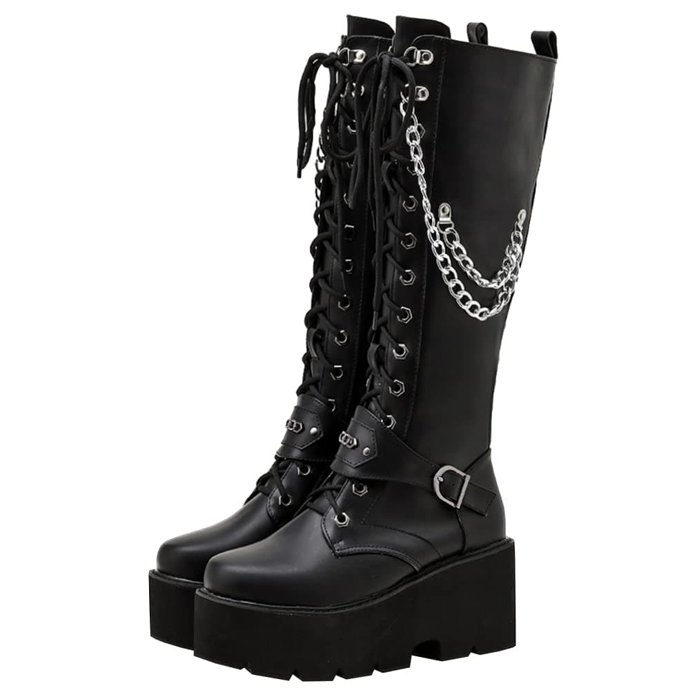 Parisuit Women's Gothic Knee High Lace-Up Buckle Boots Chunky Heel