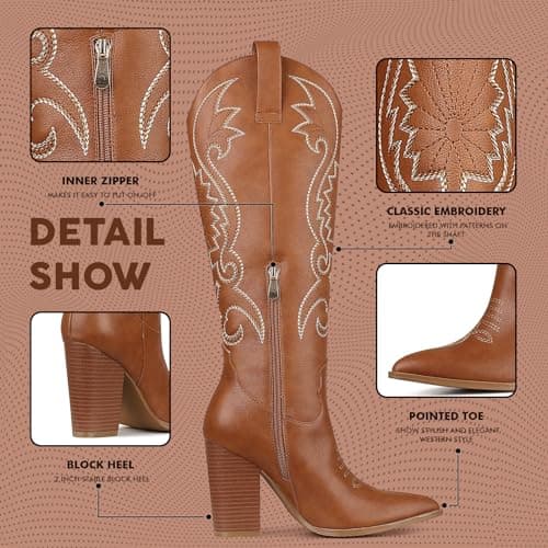 VOMIRA Pointed Toe Chunky Heel Knee High Cowboy Boots