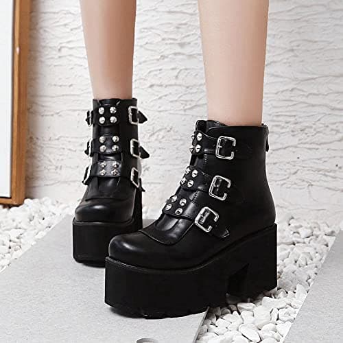 Gothic Zipper Studded Ankle Boots for Women, Chunky Heel Platform Booties