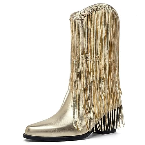 BIUBAKUA Women's Metallic Cowboy Boots with Tassels