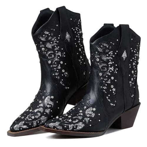 Sparkly Mid Calf Cowboy Boots for Women - Embroidered Western Booties for Weddings and Dances