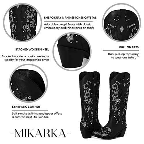Glitter Mid-Heel Cowgirl Boots for Women with Rhinestones and Embroidery