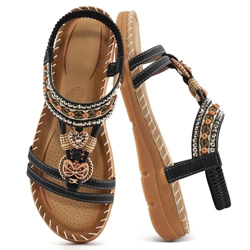 Aomigoct Women's Summer Bohemian Flat Sandals Comfortable Ankle Strap