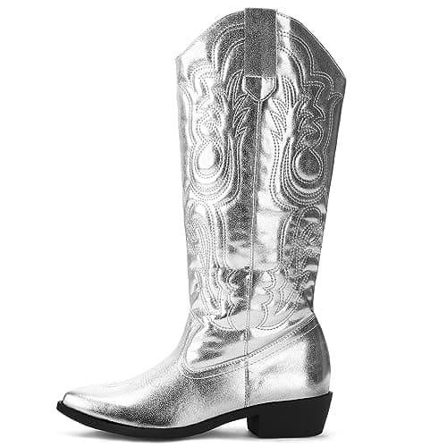 Mysoft Women's Cowboy Boots - Embroidered Knee High Pointed Toe Heel
