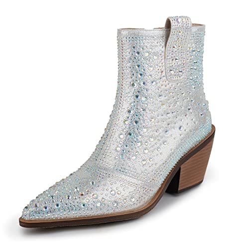 Sparkly Rhinestone Cowboy Ankle Boots with Pointed Toe and Chunky Heel by ISNOM