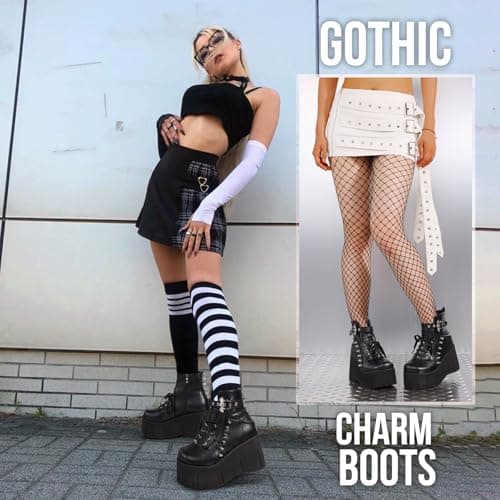Tscoyuki Chunky Heel Platform Combat Boots for Women Gothic Raves