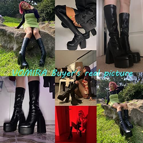 VOMIRA Women's Chunky Heel Square Toe Side Zipper Stretch Pu Leather GoGo Boots