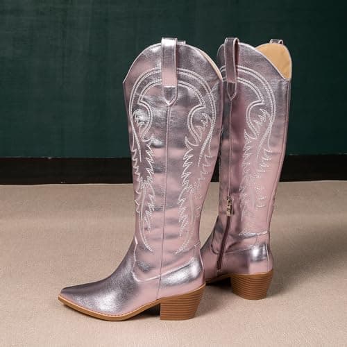 Amoji Women's Western Cowboy Knee High Boot with Zip Pull-On