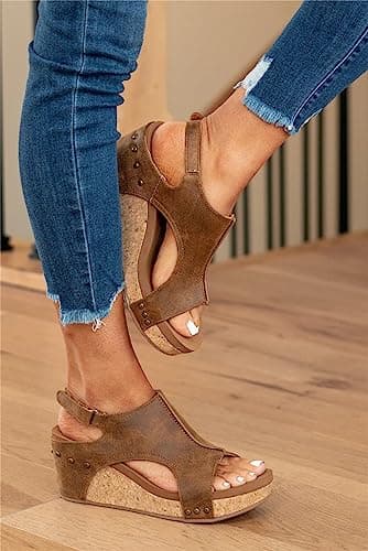 Inefole Women's Brown Leather Orthopedic Platform Sandals - Arch Support