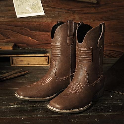 Platikly Men's Square Toe Western Boot with Flag Emblem