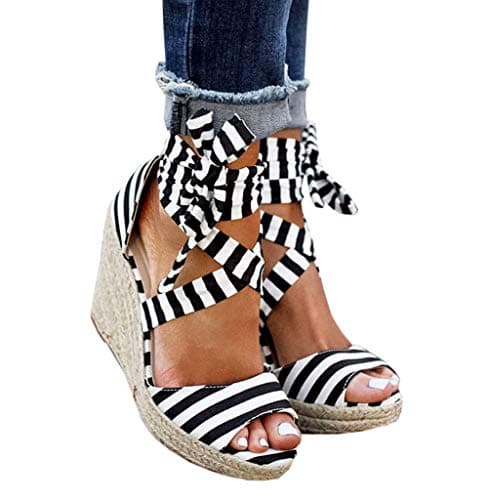 Fashare Women's Open Toe Wedge Heels Sandals with Tie Lace-Up Ankle Strap