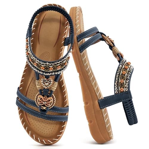 Aomigoct Women's Summer Bohemian Flat Sandals Comfortable Ankle Strap