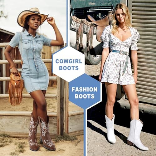 Vepose Women's Cowboy Mid Calf Embroidered Boot with Zipper
