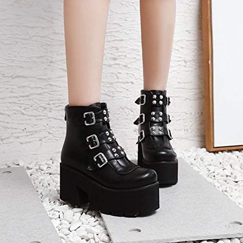 YIYA Women's Black Gothic Platform Ankle Boots with Bat Wing Buckles