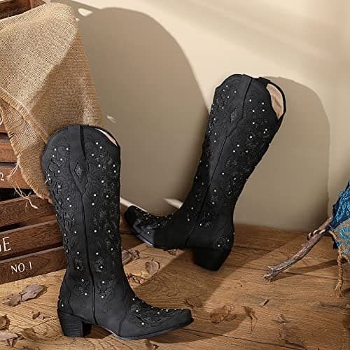 SaraIris Black Cowgirl Knee High Boots for Women