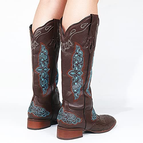 Cowboy Boots for Women: Low Chunky Heel Embroidered Mid Calf Boots