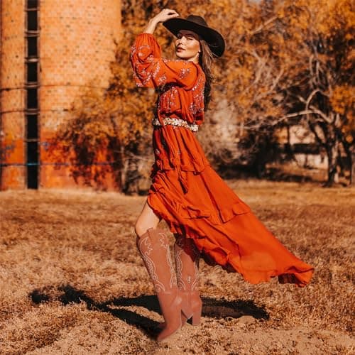 VOMIRA Pointed Toe Chunky Heel Knee High Cowboy Boots